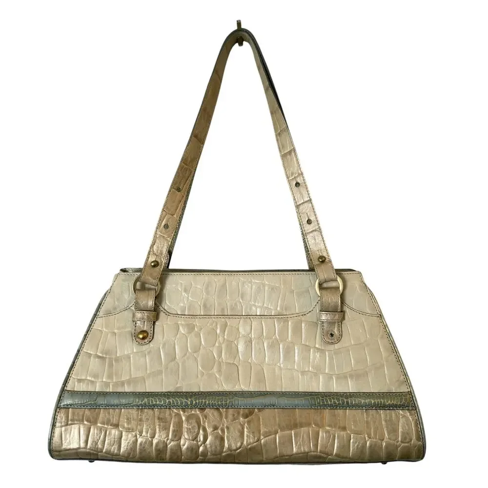 Brahmin Lucinda Tricolor Croc Embossed Leather Shoulder Bag Cream Sage Champagne